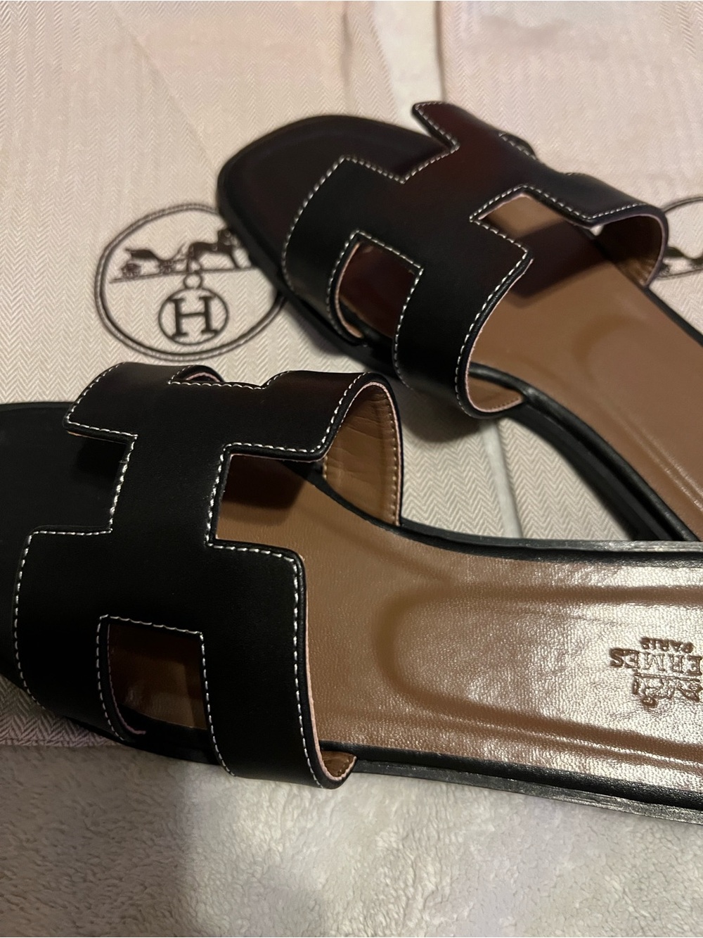 Hermes Black Leather H Slide Sandals with White Stitching